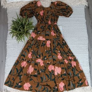 Conditions Apply Open Back Brown Smocked Floral Maxi Dress with Puff Sleeves